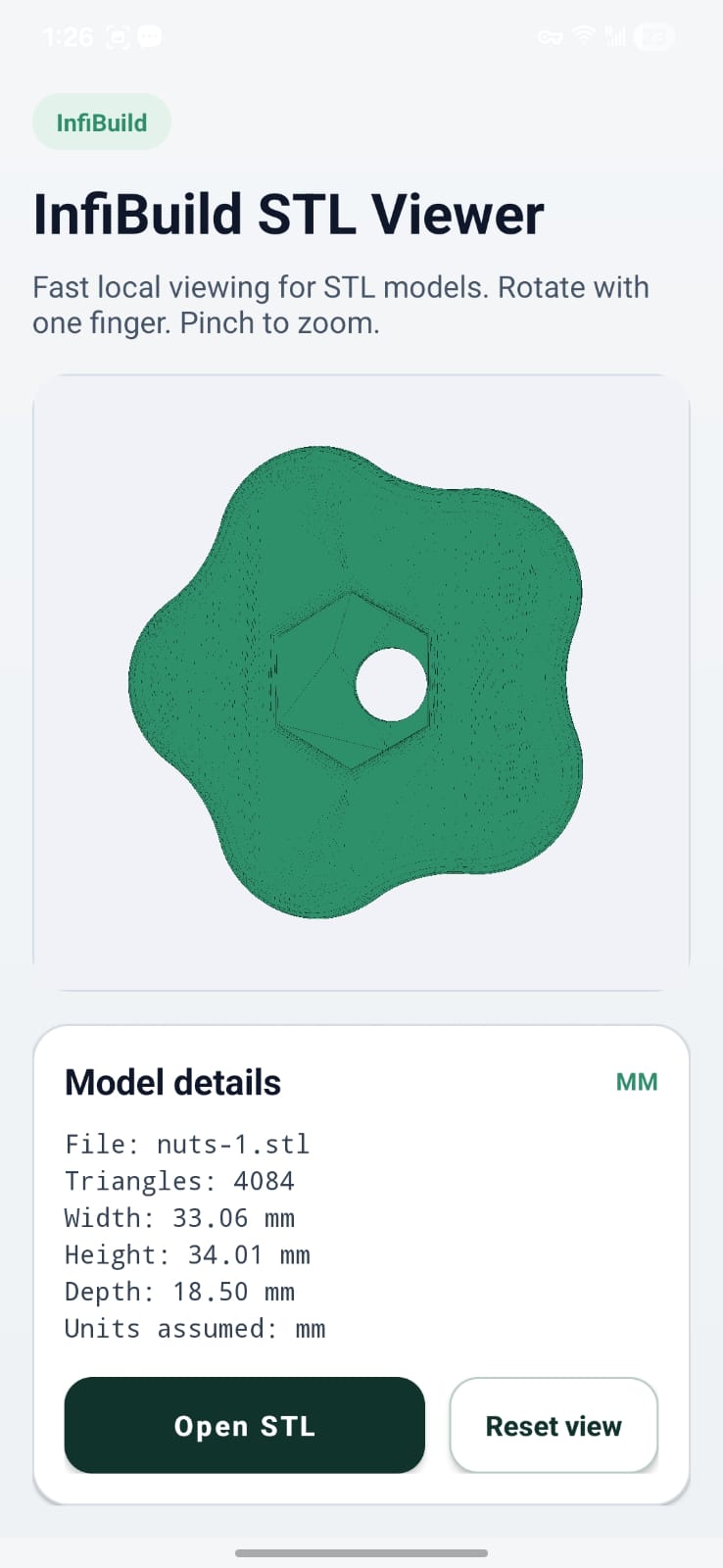 InfiBuild STL Viewer on Android displaying a loaded 3D model and dimensions.