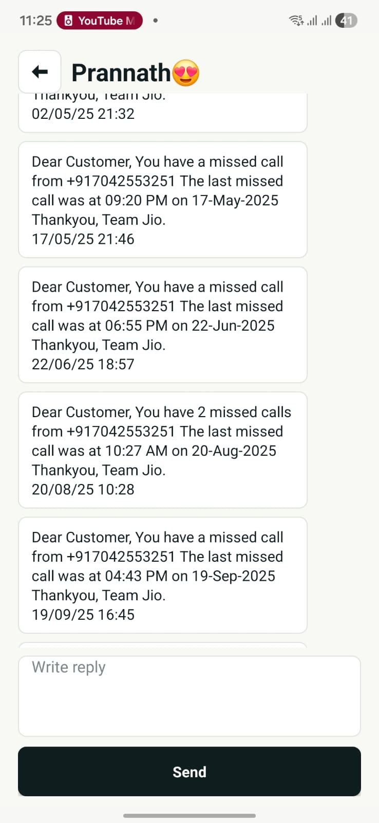 Just SMS conversation detail screen with local message history and reply box.