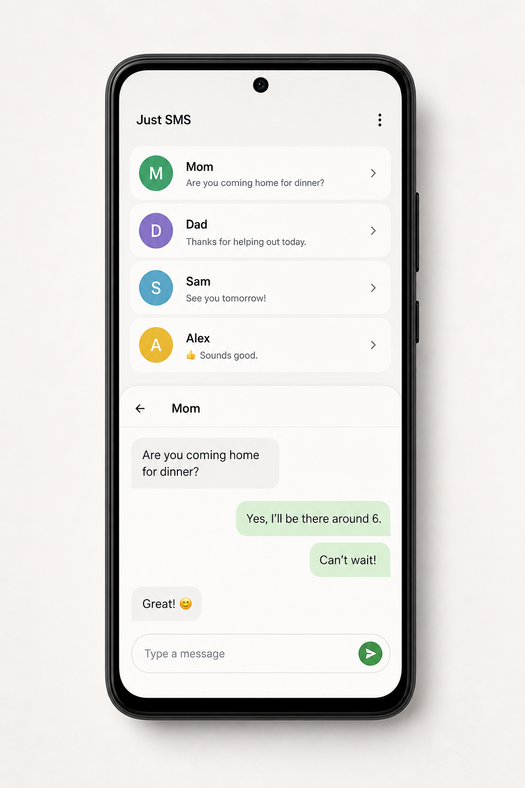 Just SMS Android app mockup showing a simple text messaging interface.