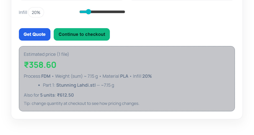 InfiBuild quote page showing the get quote area before checkout.