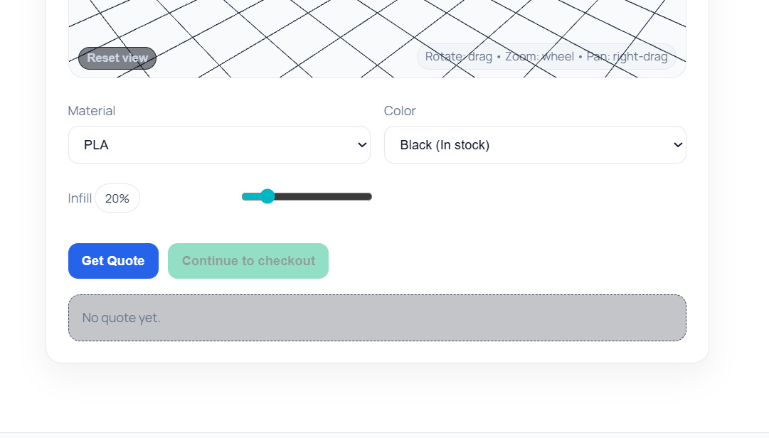 InfiBuild quote page showing material, color, and infill selectors.
