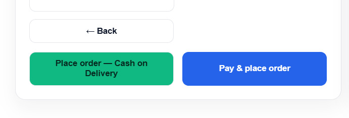 Checkout buttons for cash on delivery or online payment.