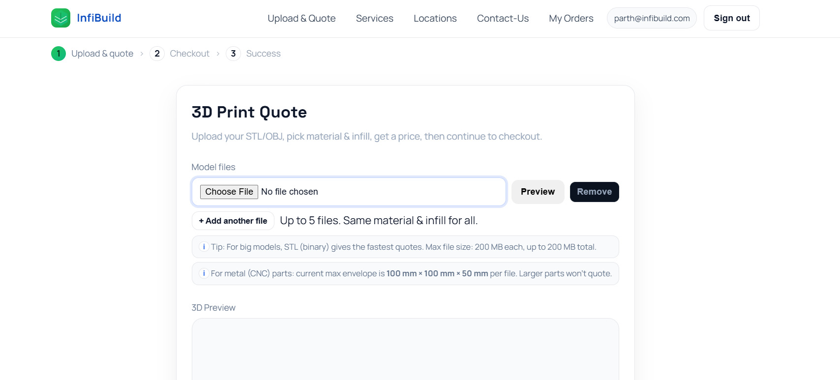 InfiBuild upload page with file chooser for 3D print models.