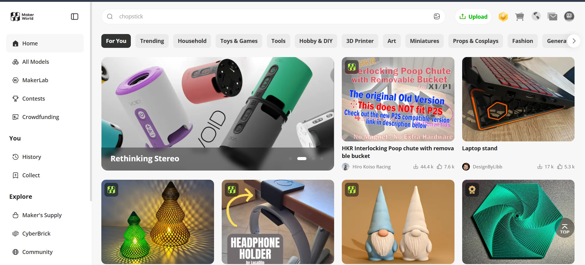 MakerWorld homepage used to search for downloadable 3D models.