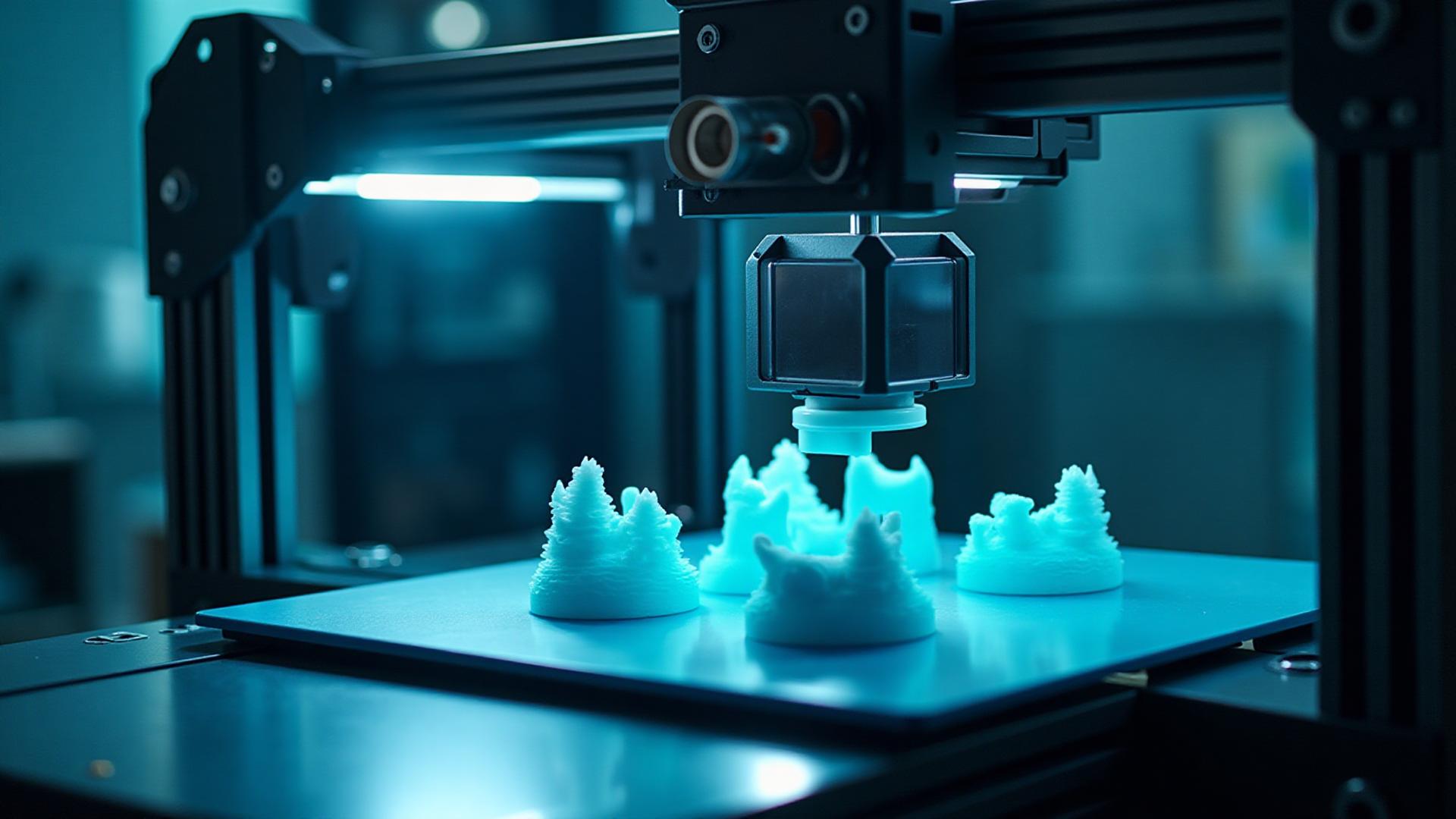 Close-up of 3D-printed parts on a print bed