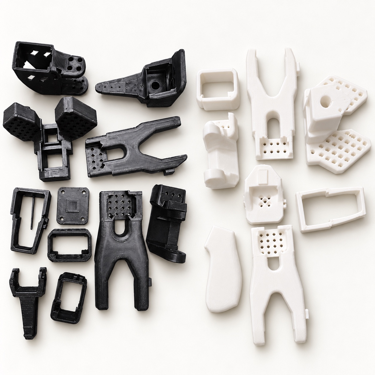 Black LeRobot SO-101 follower and white leader 3D-printed structural parts arranged separately